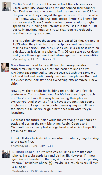 Blackberry Z10 Comments on Facebook